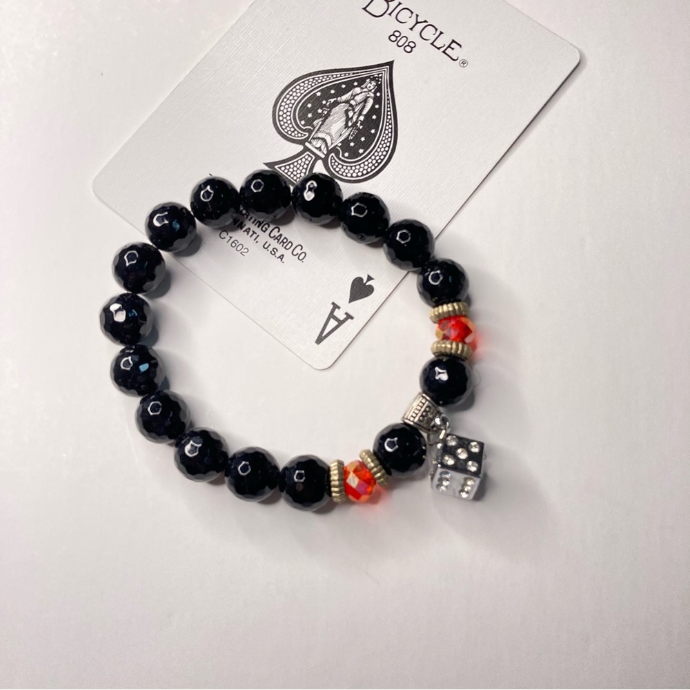 Onyx Faceted Bead Stretch Bracelet w/dice charm